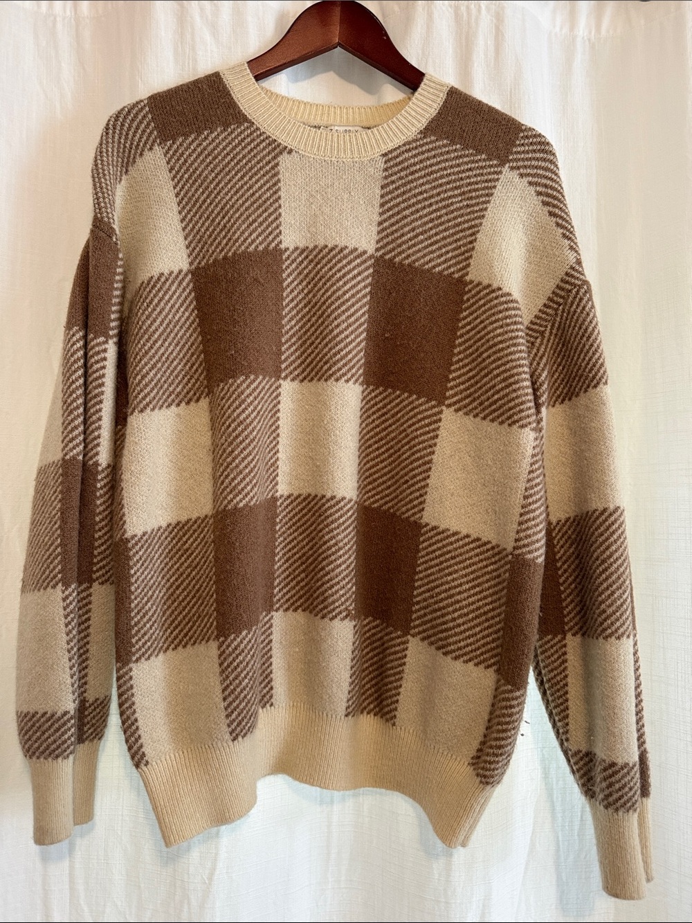 Z Supply Brown & Cream Check Crewneck Sweater
